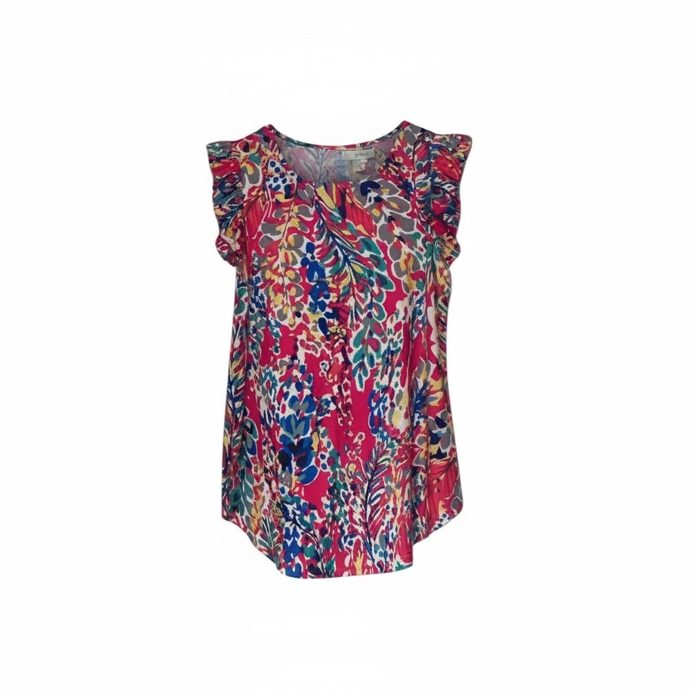 Floral Boho Babydoll Top Small Pink Blue Watercolor Flutter Sleeve Blouse NWOT